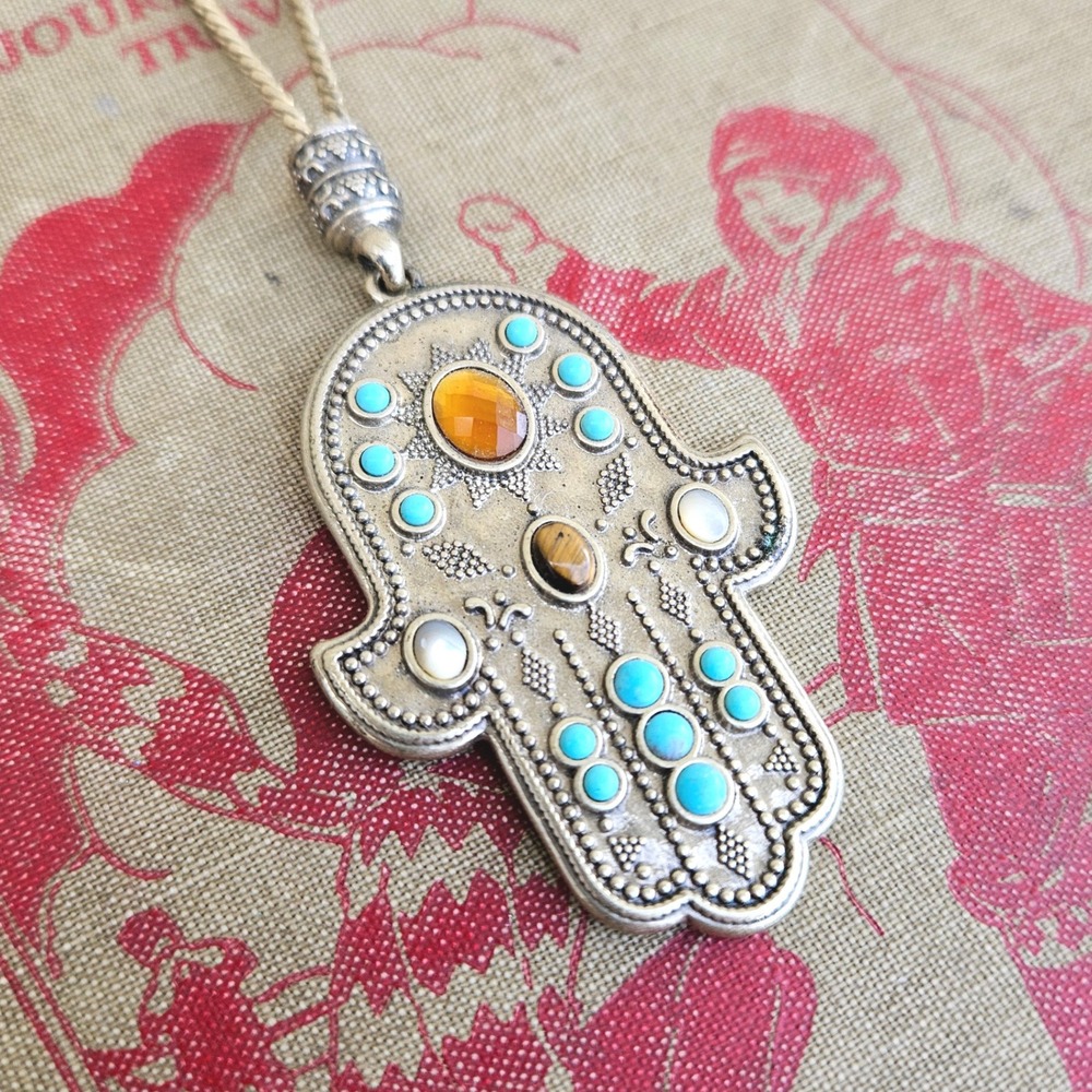 Lucky Brand Hamsa Hand Pendant Necklace Silver Tone Turquoise Tigers Eye Boho